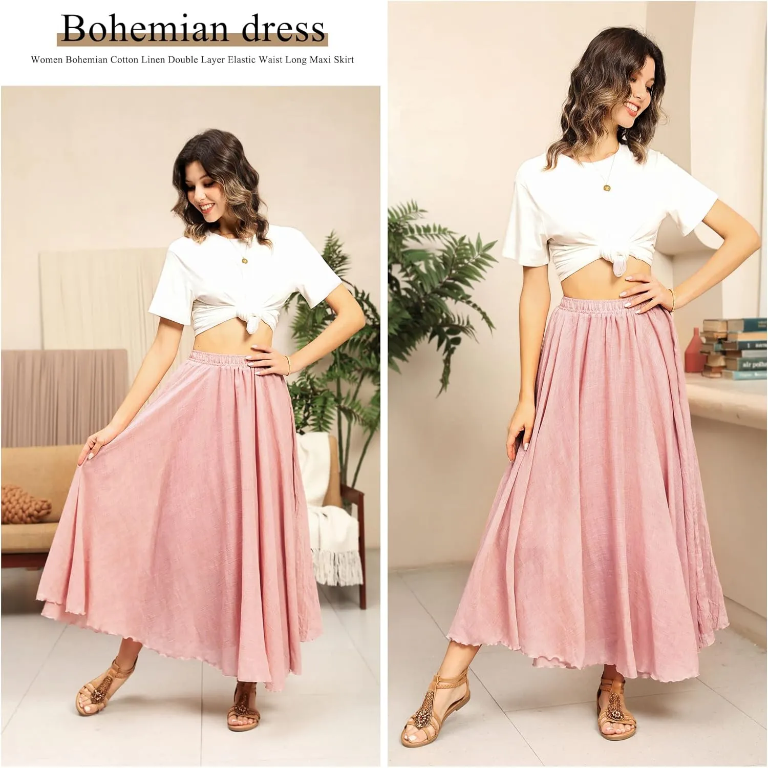 Ezcosplay Women Boho Maxi A Line Skirt Elastic Waist Summer Bohemian Flowy Long Beach Swing Skirts