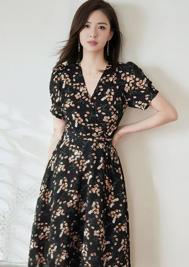 FLORAL DECORATION CHIFFON DRESS