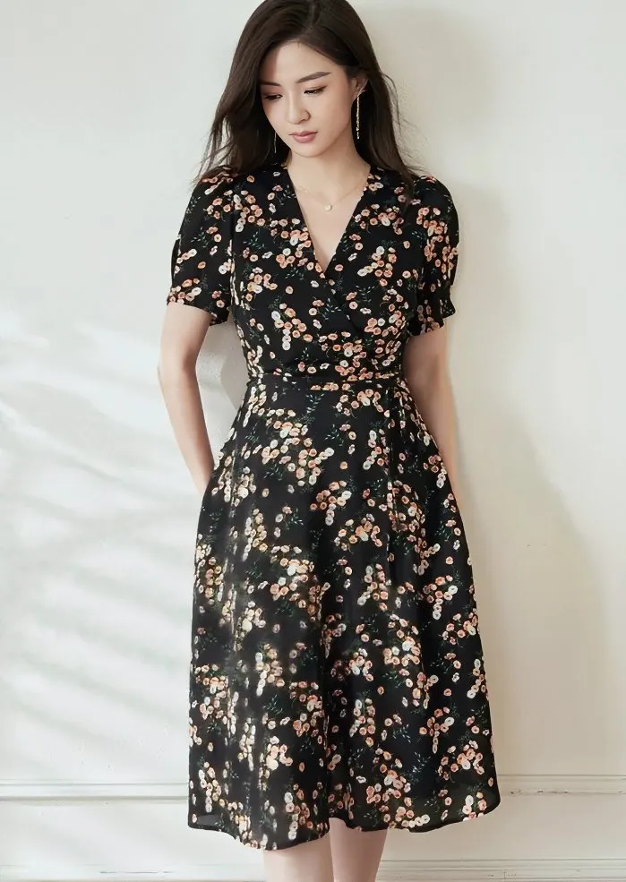 FLORAL DECORATION CHIFFON DRESS