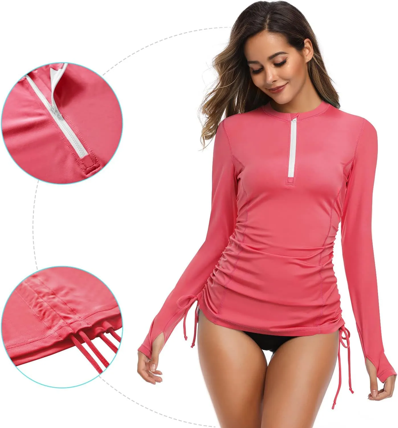 HISKYWIN Women's Long Sleeve UV Sun Protection Rash Guard Side Adjustable Wetsuit Swimsuit Top