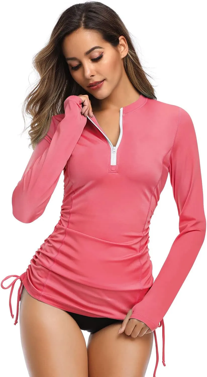 HISKYWIN Women's Long Sleeve UV Sun Protection Rash Guard Side Adjustable Wetsuit Swimsuit Top