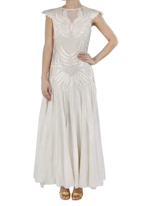 Ivory Bird Motifs Embroidered Linen Dress
