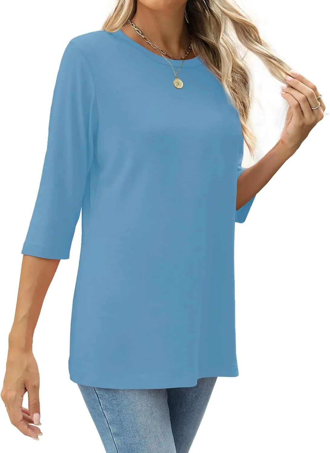 JomeDesign Womens Tops 3/4 Sleeve Shirts Round Neck Loose Casual Blouses Solid Color Tshirts