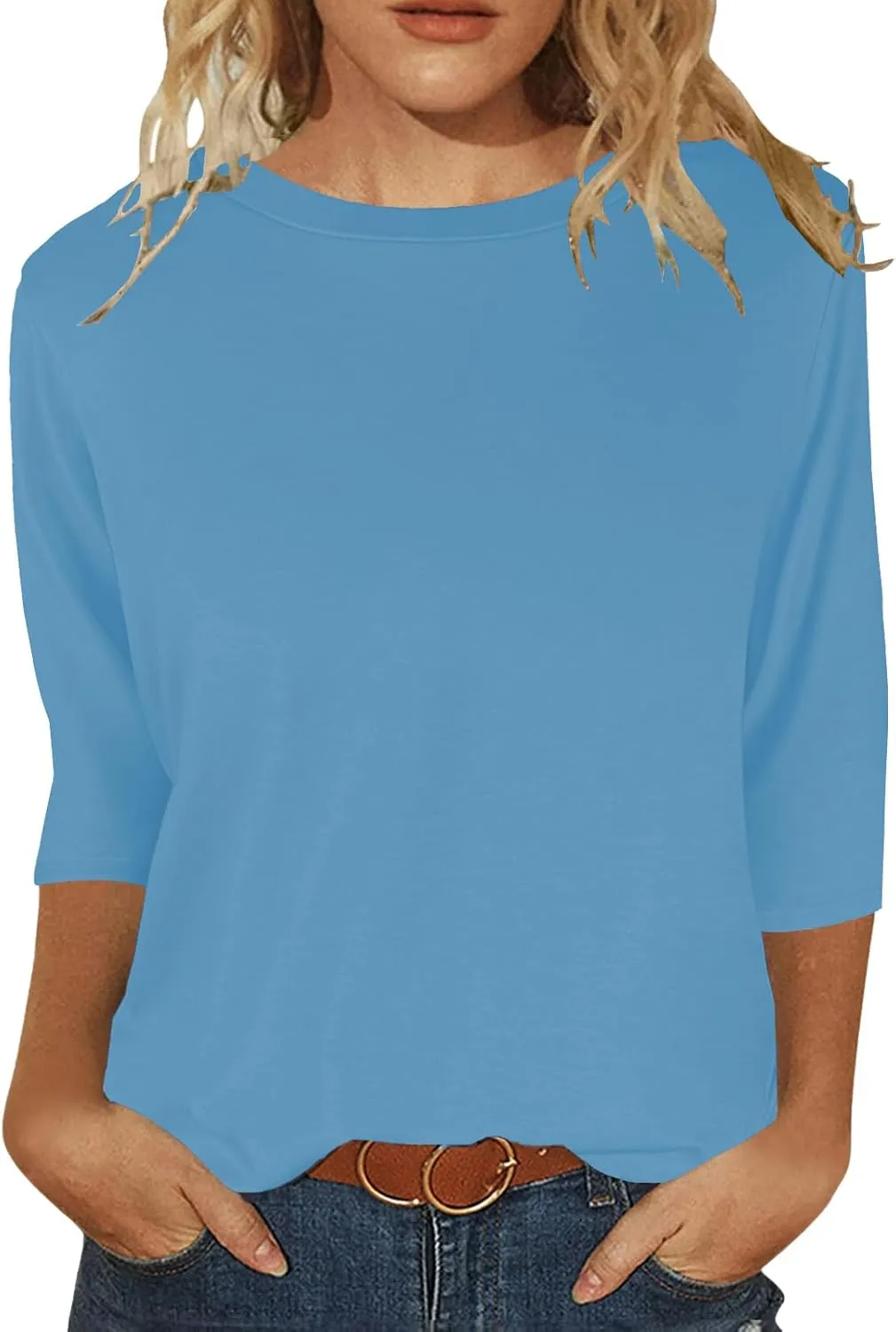 JomeDesign Womens Tops 3/4 Sleeve Shirts Round Neck Loose Casual Blouses Solid Color Tshirts