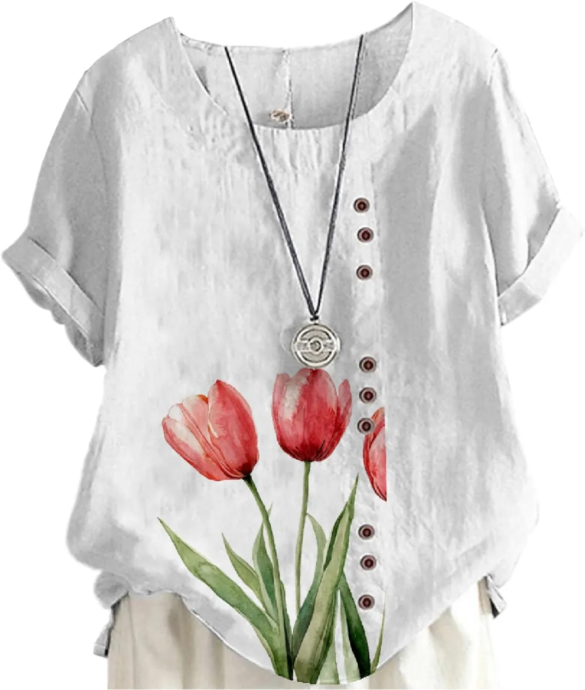 Ladies Linen Blend Tunic Tops Womens Button Boho Floral Printed Crewneck Short Sleeve Shirts Summer Vacation Blouse