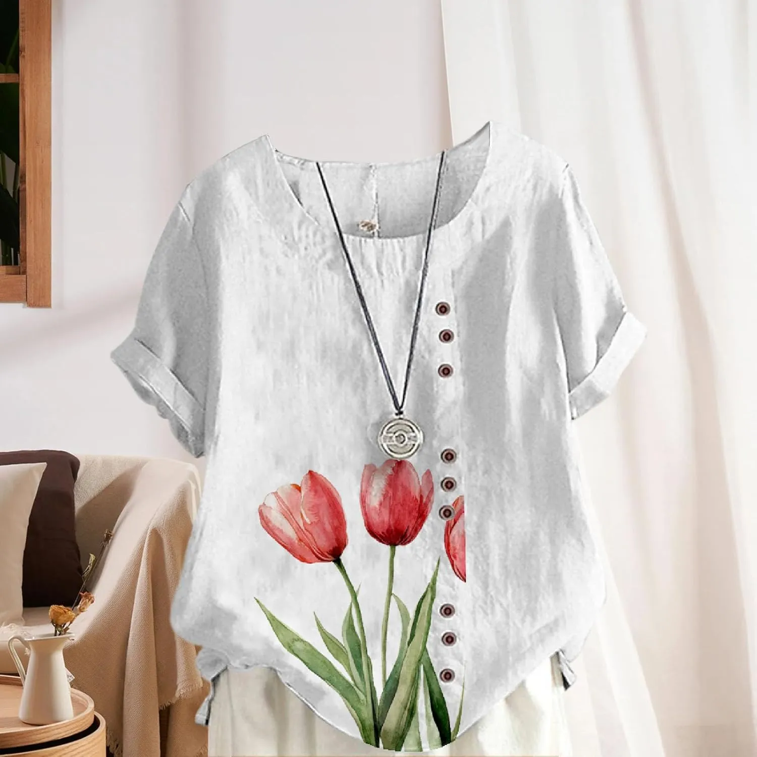 Ladies Linen Blend Tunic Tops Womens Button Boho Floral Printed Crewneck Short Sleeve Shirts Summer Vacation Blouse