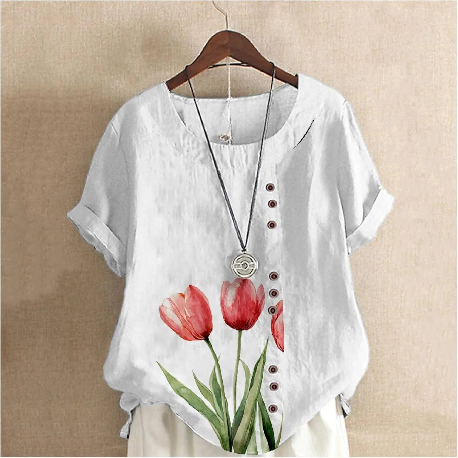 Ladies Linen Blend Tunic Tops Womens Button Boho Floral Printed Crewneck Short Sleeve Shirts Summer Vacation Blouse