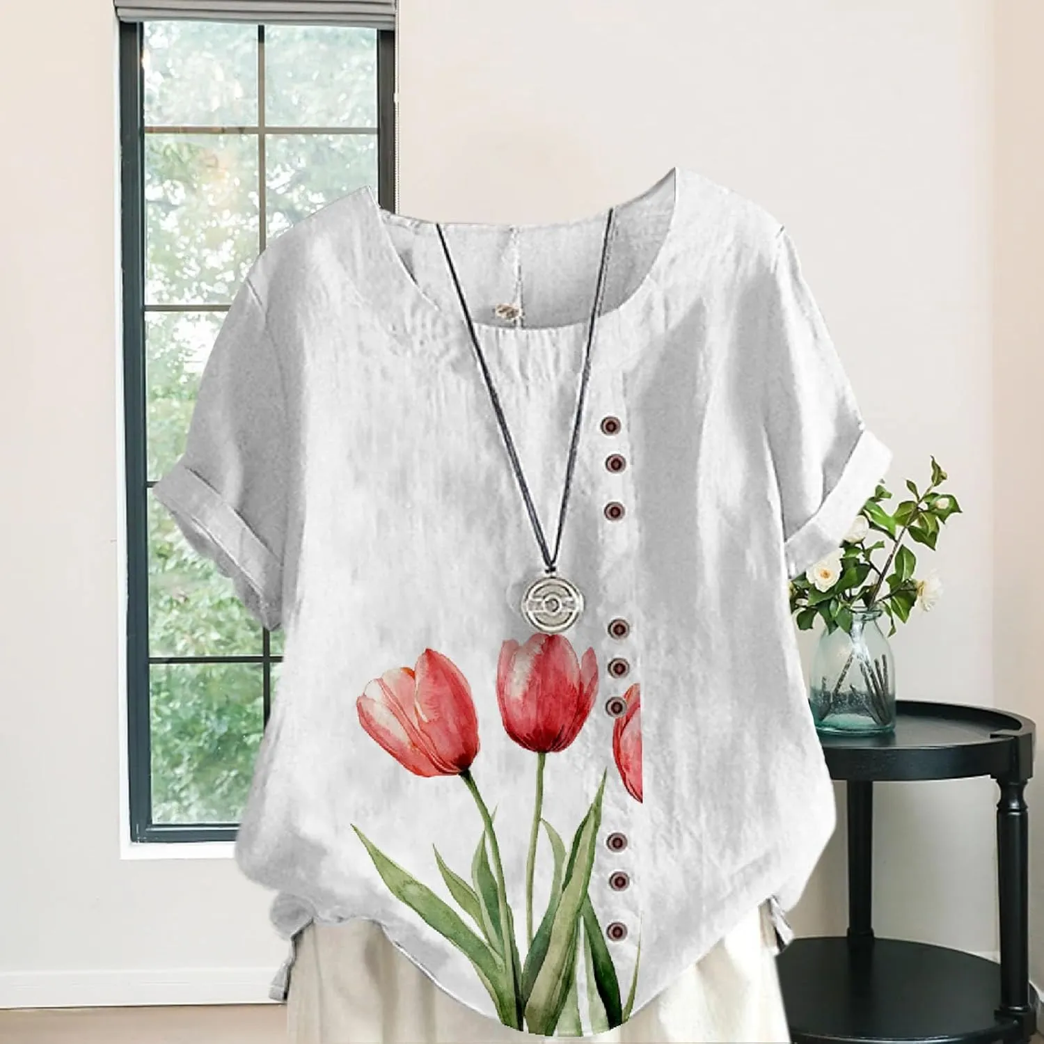 Ladies Linen Blend Tunic Tops Womens Button Boho Floral Printed Crewneck Short Sleeve Shirts Summer Vacation Blouse