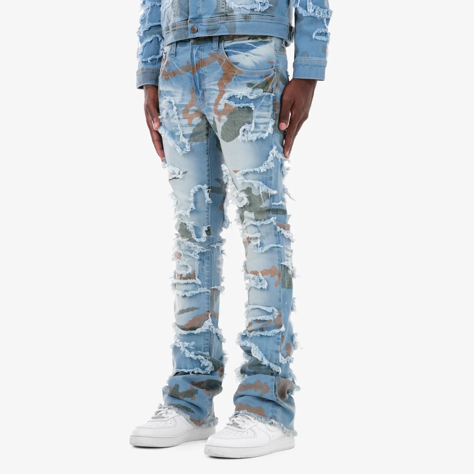 LIGHT SAND BLUE STACKED CAMO JEANS