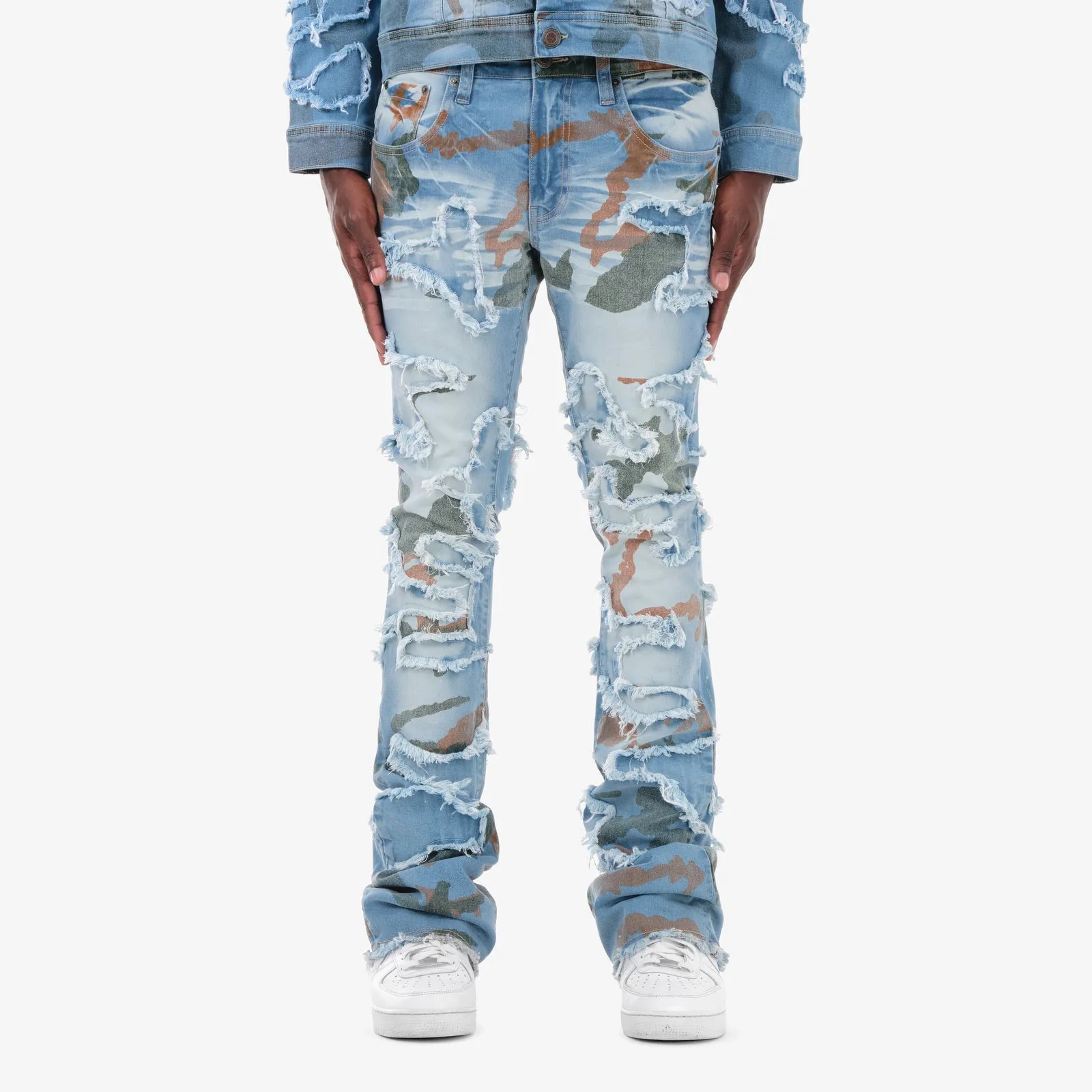 LIGHT SAND BLUE STACKED CAMO JEANS
