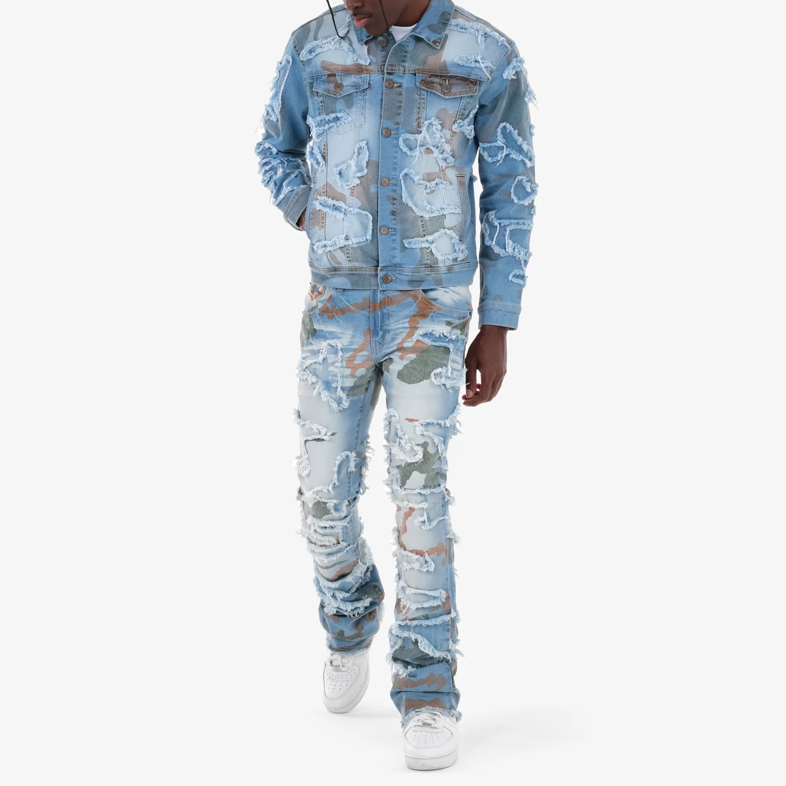 LIGHT SAND BLUE STACKED CAMO JEANS