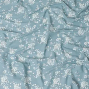 Light tiffany blue cotton voile fabric with beige print in floral design-D15157