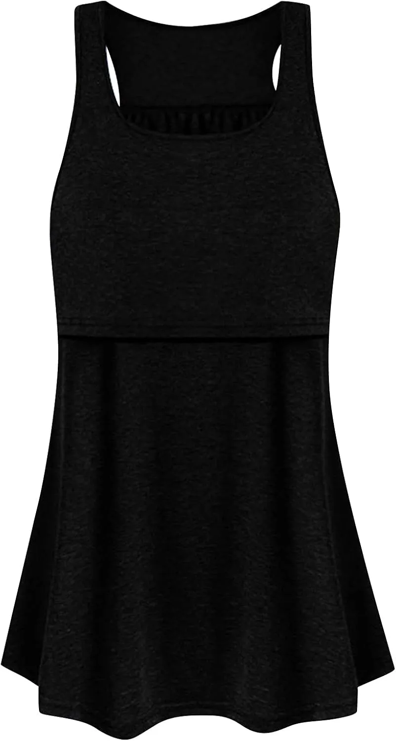 Maternity Tank Dress Loose Sleeveless Dresses Casual Ruched Top Dress Breast-Feeding Dress for Pregnant Women