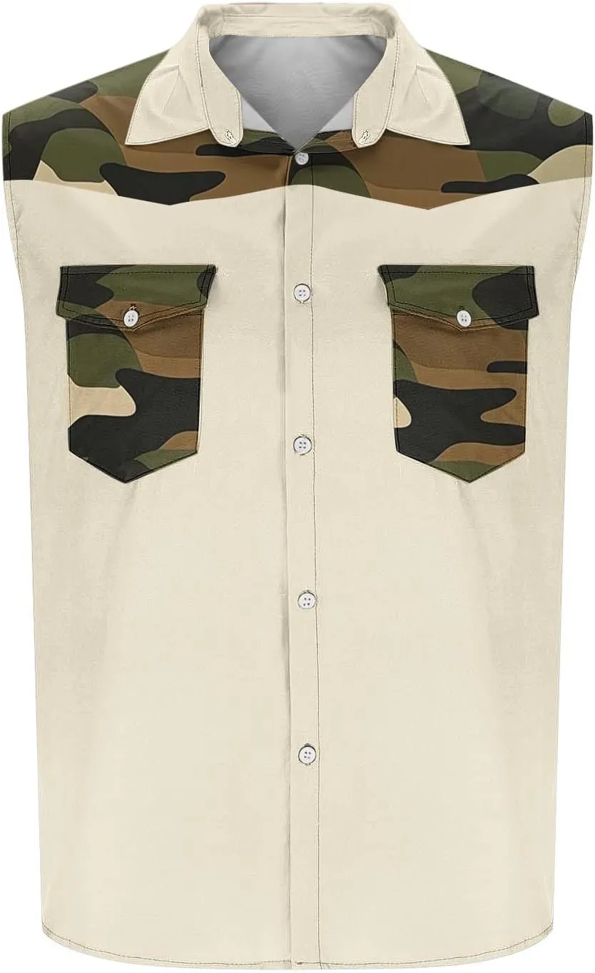 Men's Camouflage Patchwork Workout Casual Tank Top Casual Sleeveless Button Down Graphic Muscle Beach Shirts