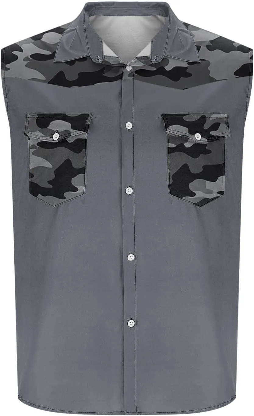 Men's Camouflage Patchwork Workout Casual Tank Top Casual Sleeveless Button Down Graphic Muscle Beach Shirts