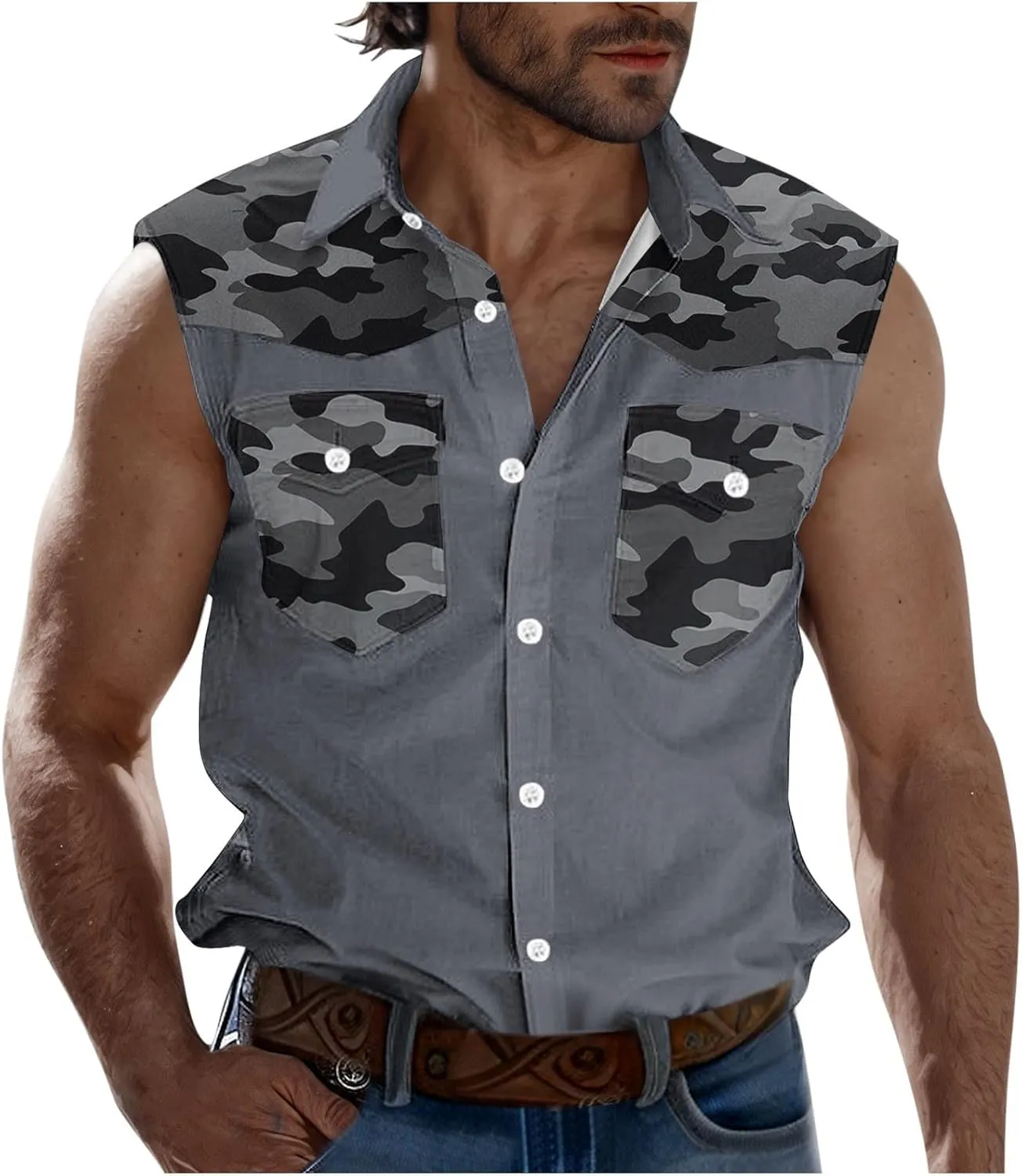 Men's Camouflage Patchwork Workout Casual Tank Top Casual Sleeveless Button Down Graphic Muscle Beach Shirts