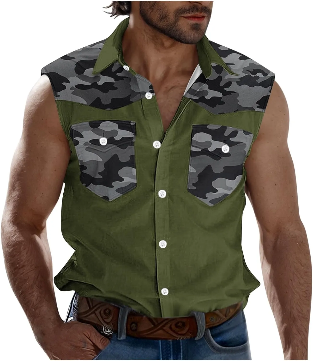 Men's Camouflage Patchwork Workout Casual Tank Top Casual Sleeveless Button Down Graphic Muscle Beach Shirts