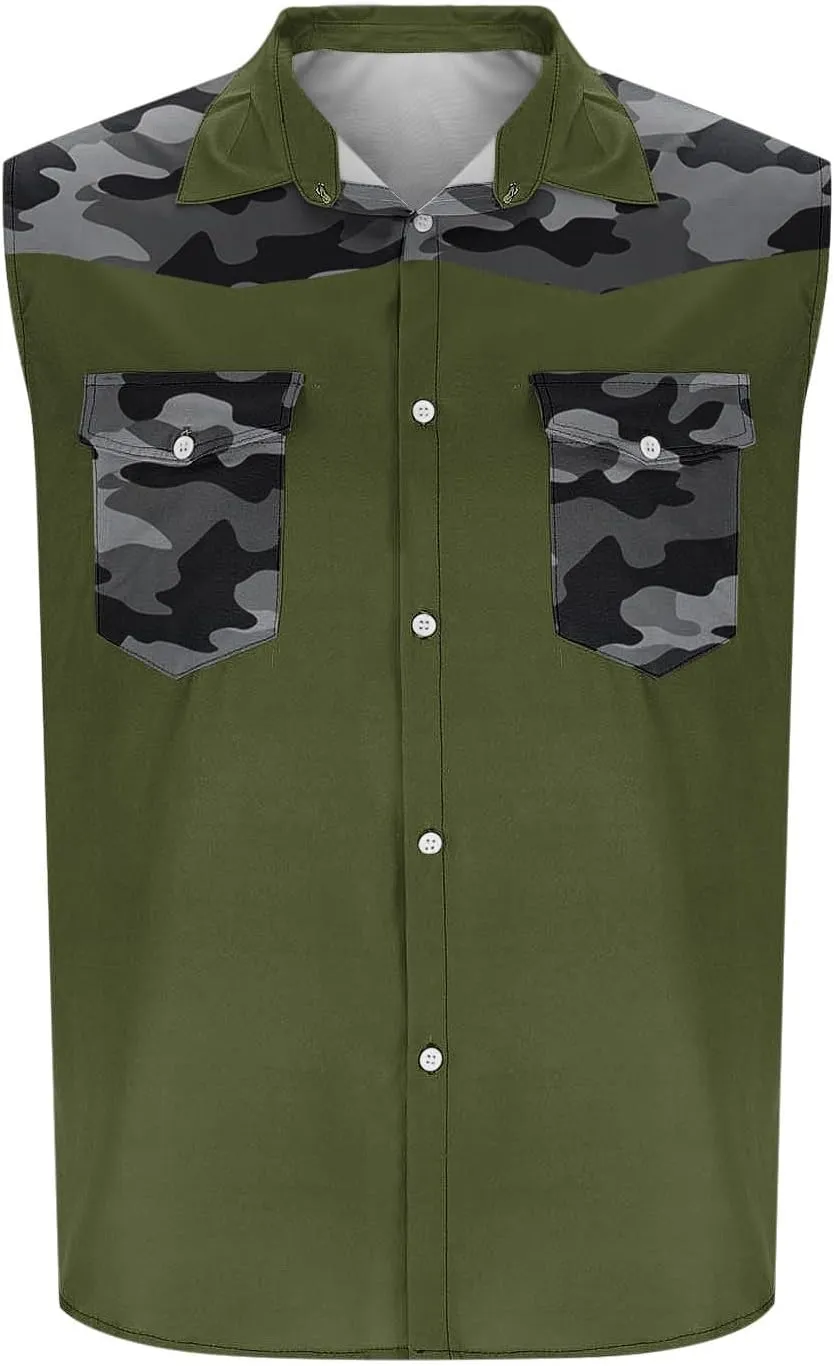 Men's Camouflage Patchwork Workout Casual Tank Top Casual Sleeveless Button Down Graphic Muscle Beach Shirts