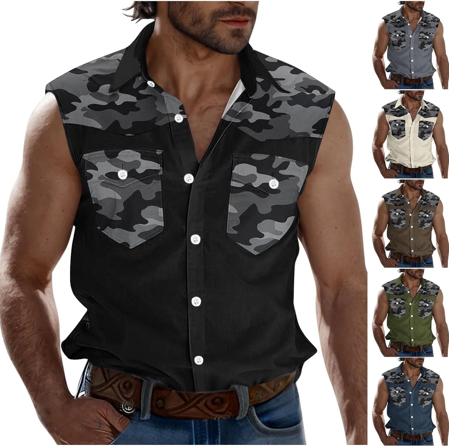 Men's Camouflage Patchwork Workout Casual Tank Top Casual Sleeveless Button Down Graphic Muscle Beach Shirts