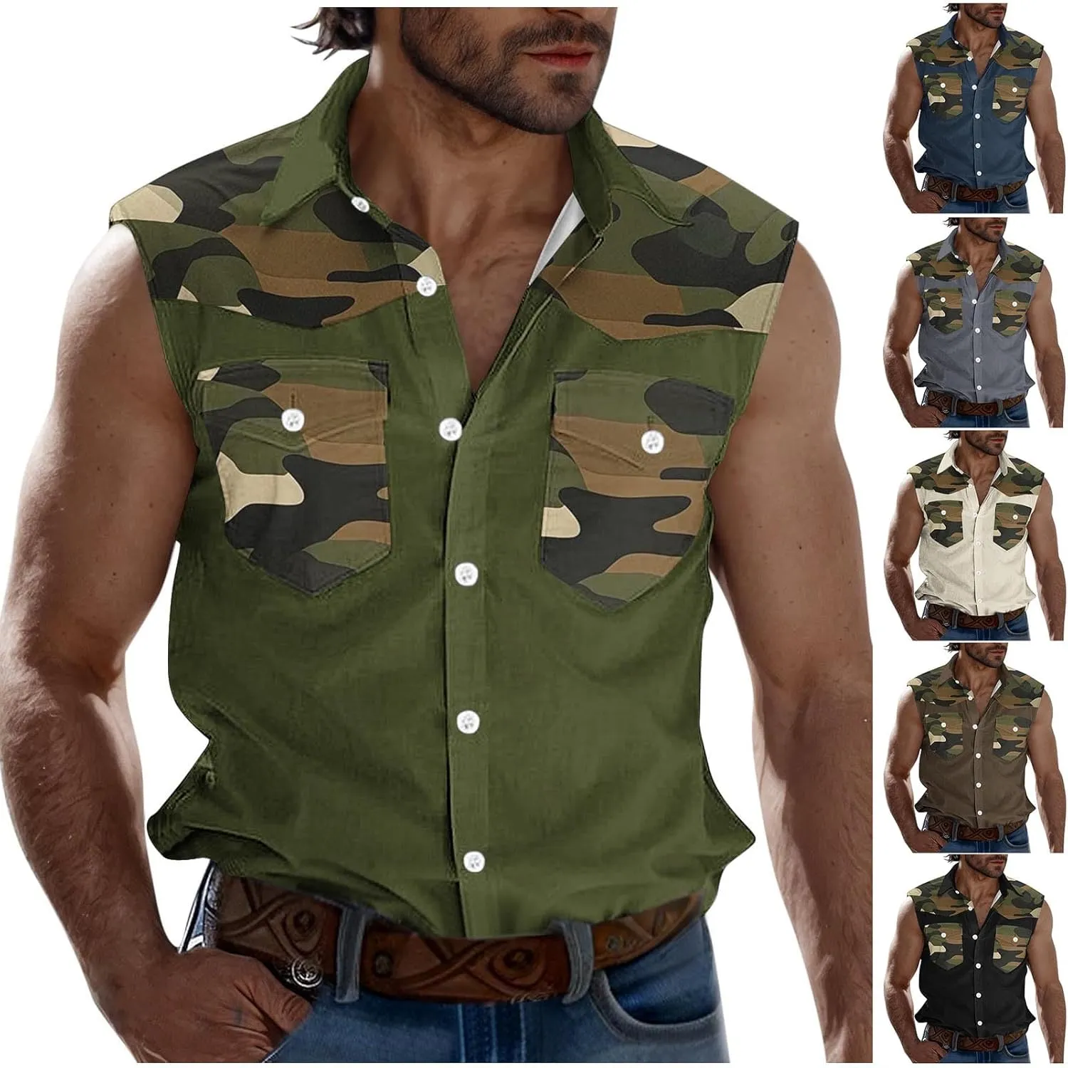 Men's Camouflage Patchwork Workout Casual Tank Top Casual Sleeveless Button Down Graphic Muscle Beach Shirts