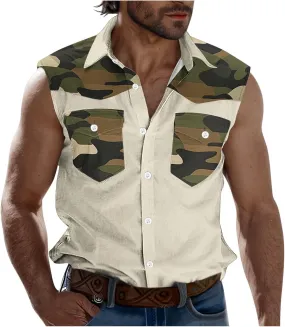 Men's Camouflage Patchwork Workout Casual Tank Top Casual Sleeveless Button Down Graphic Muscle Beach Shirts