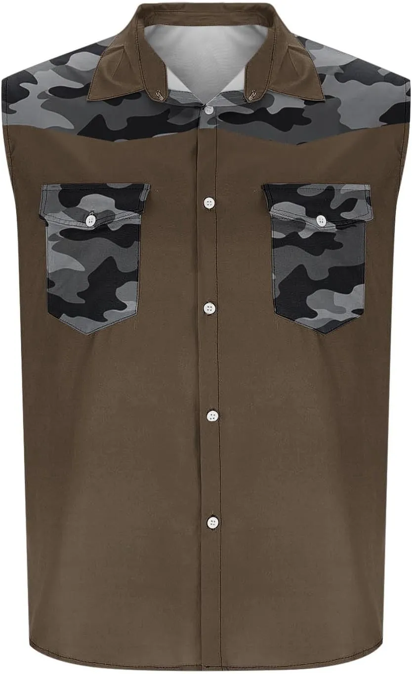 Men's Camouflage Patchwork Workout Casual Tank Top Casual Sleeveless Button Down Graphic Muscle Beach Shirts