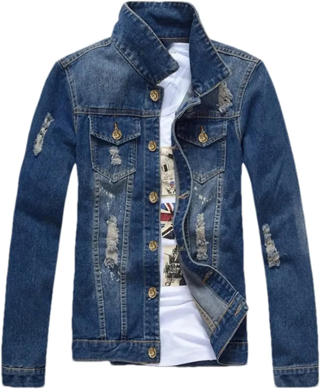 Men's Denim Jackets Single Breasted Coat Jeans Coat Slim Fit Denim Jacket Light-Colored Trucker Jacket