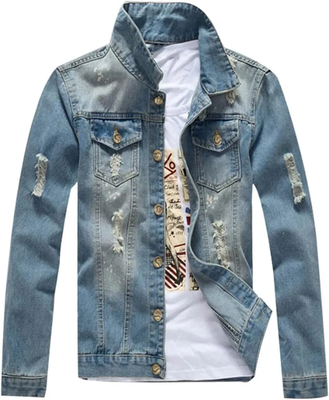 Men's Denim Jackets Single Breasted Coat Jeans Coat Slim Fit Denim Jacket Light-Colored Trucker Jacket