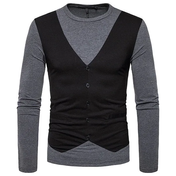 Mens False Two Pieces Button Patchwork Hit Color T-Shirts