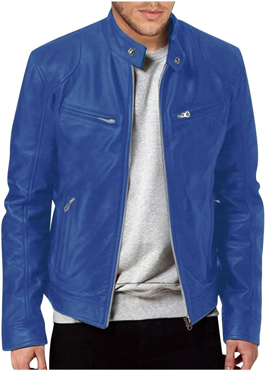 Mens Lightweight Motorcycle Bomber Biker Leather Jackets Stylish Outerwear Zipper Jacket Coat Pockets