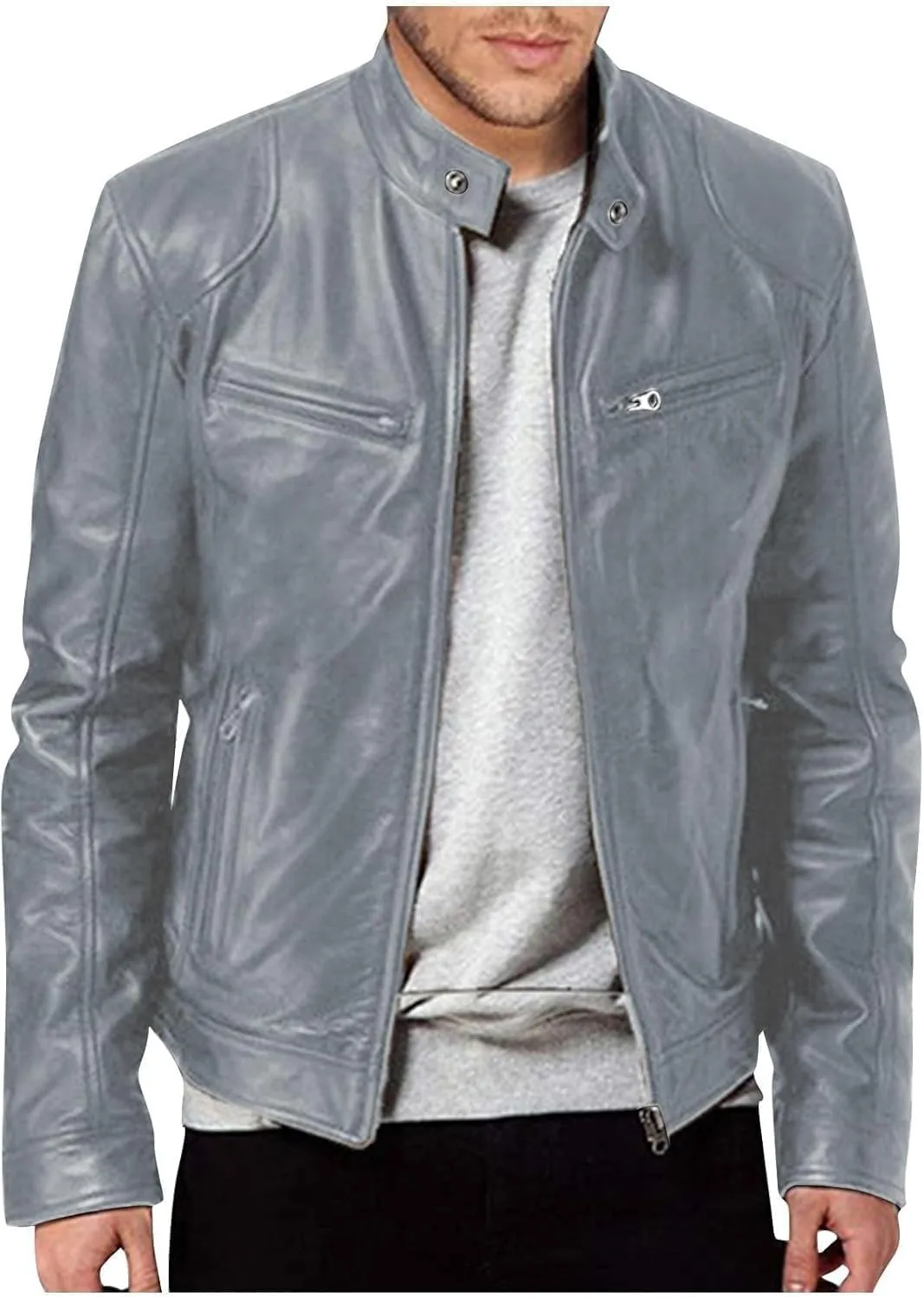 Mens Lightweight Motorcycle Bomber Biker Leather Jackets Stylish Outerwear Zipper Jacket Coat Pockets