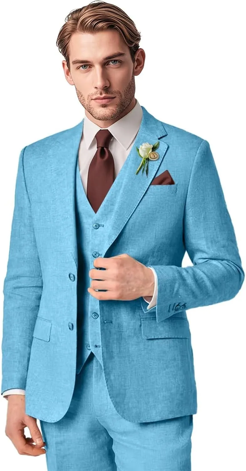 Men's Linen Suit 3 Piece Summer Slim Fit Blazer Set for Beach Weddings Parties Casual Business Jacket Vest Pants