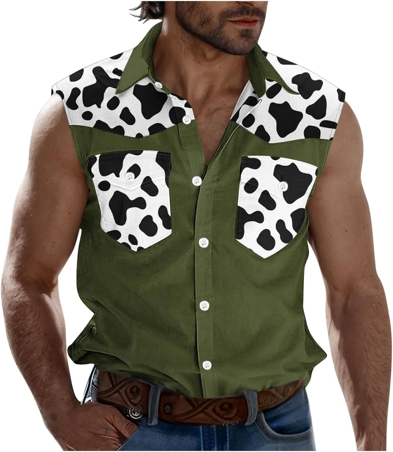 Men's Novelty Cow Printed Workout Casual Tank Top Casual Sleeveless Button Down Graphic Muscle Beach Shirts