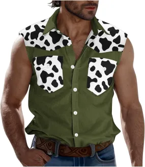 Men's Novelty Cow Printed Workout Casual Tank Top Casual Sleeveless Button Down Graphic Muscle Beach Shirts