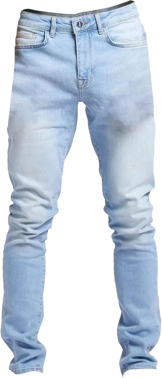 Mens Relaxed Fit Straight Leg Jeans Classic Stretch Tapered Leg Moto Biker Jeans Distressed Denim Jean Pants Trousers Light Blue