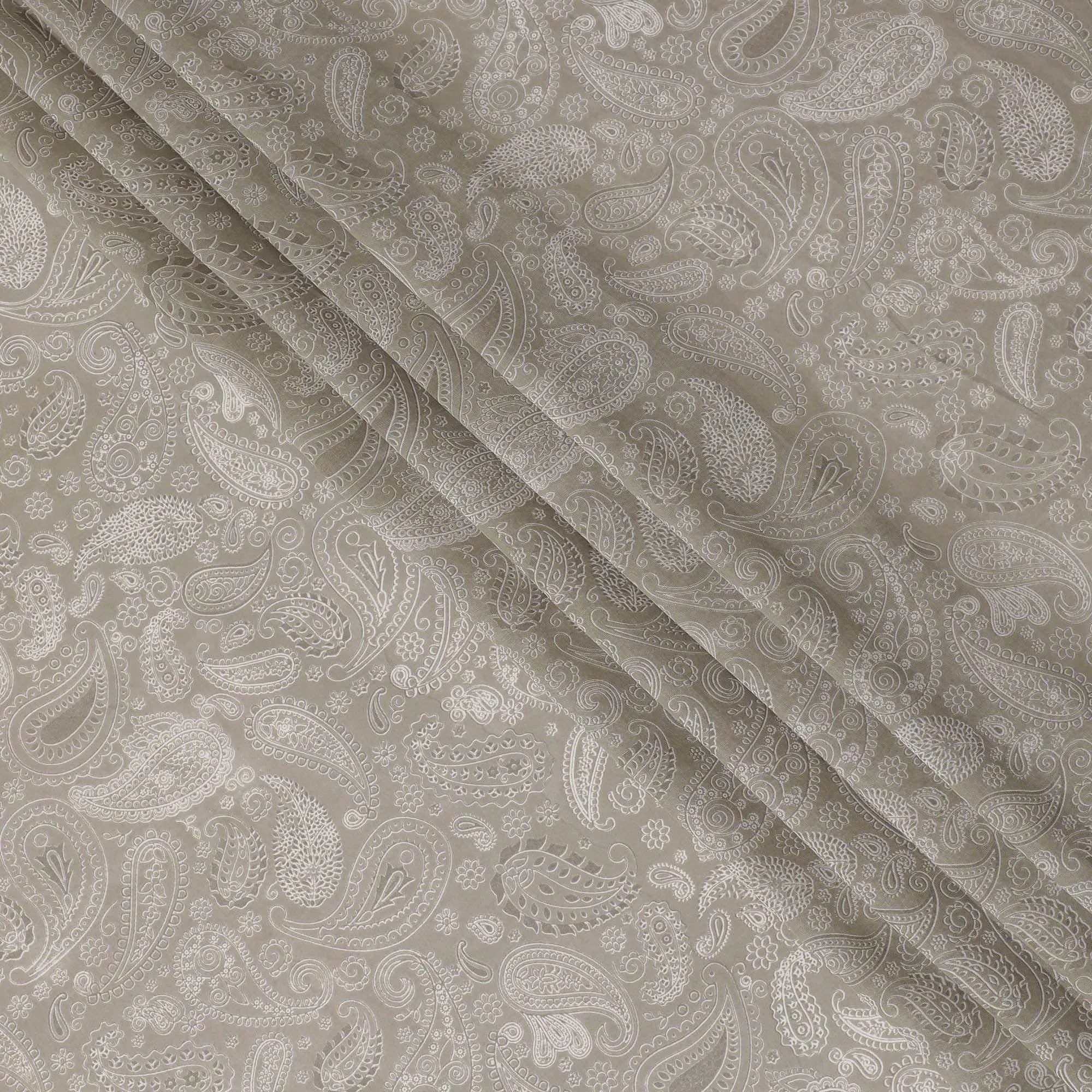 Mink grey cotton voile fabric with off white print in paisley design-D16416