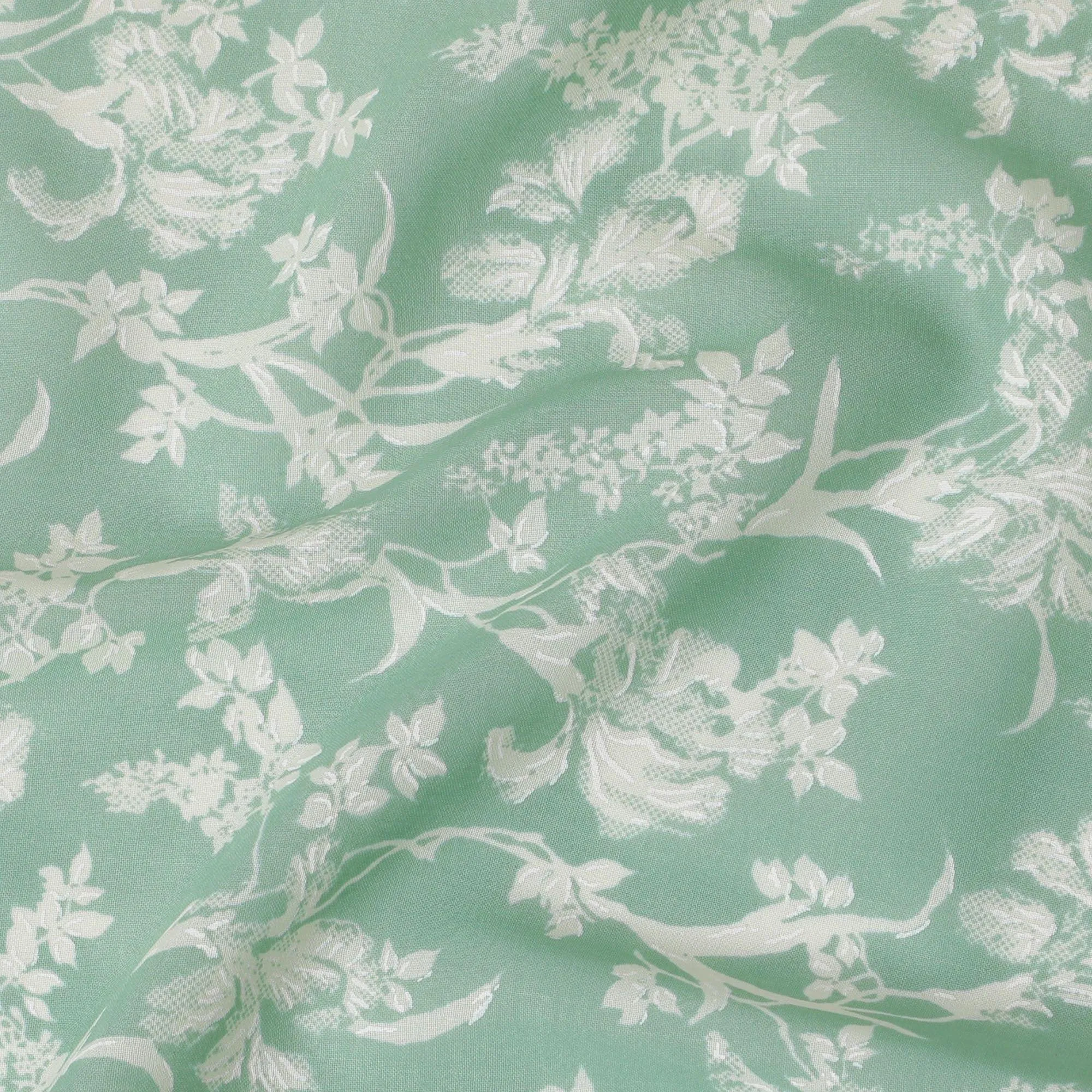 Mint green cotton voile fabric with beige and off white print in floral design-D14839