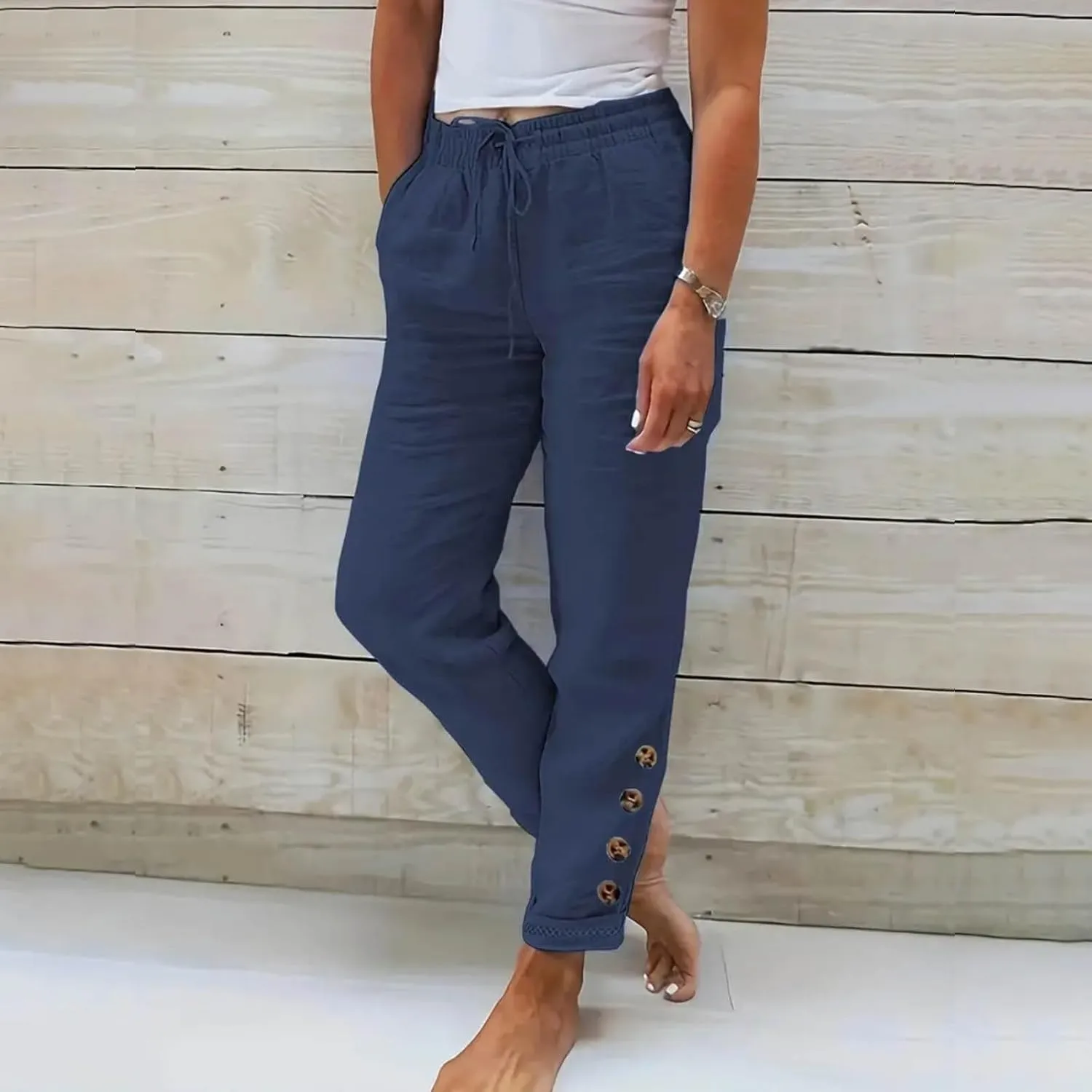 Miyaomn Women's Stylish Linen Straight Leg Pants Drawstring Elastic Waist Casual Joggers Folded Bottom Lounge Trousers Slacks