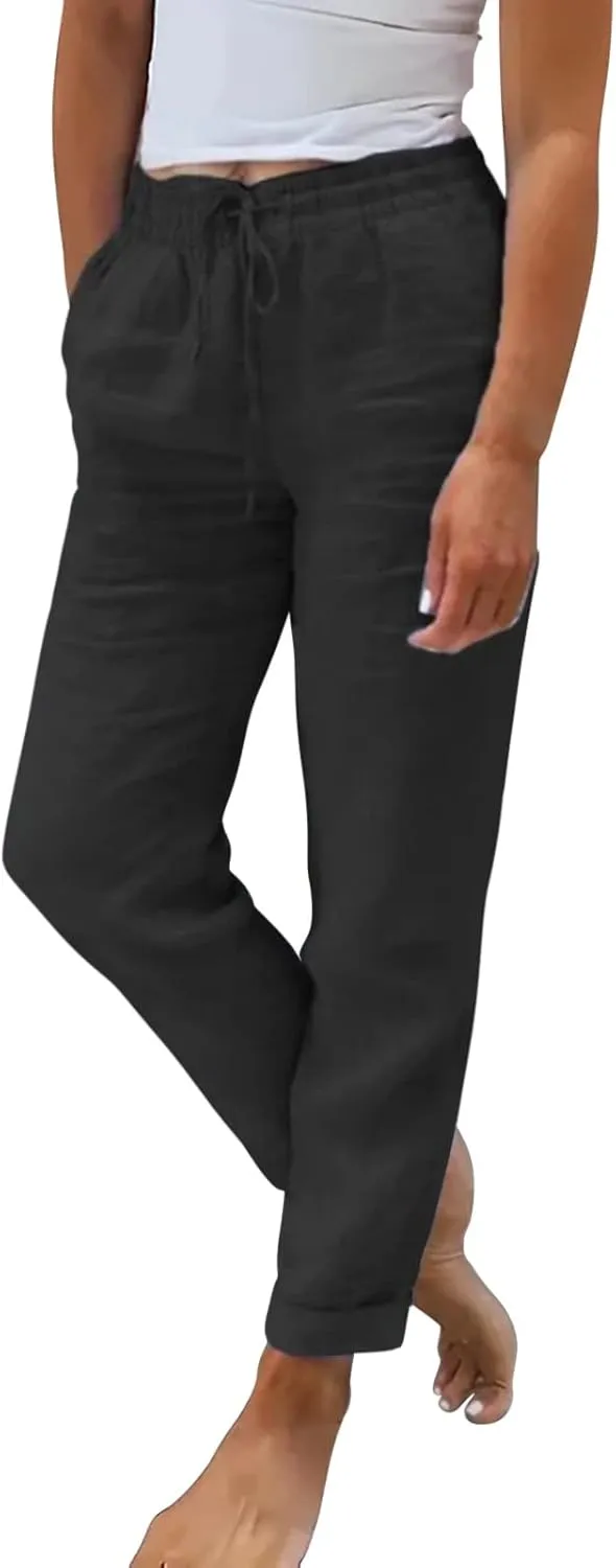 Miyaomn Women's Stylish Linen Straight Leg Pants Drawstring Elastic Waist Casual Joggers Folded Bottom Lounge Trousers Slacks