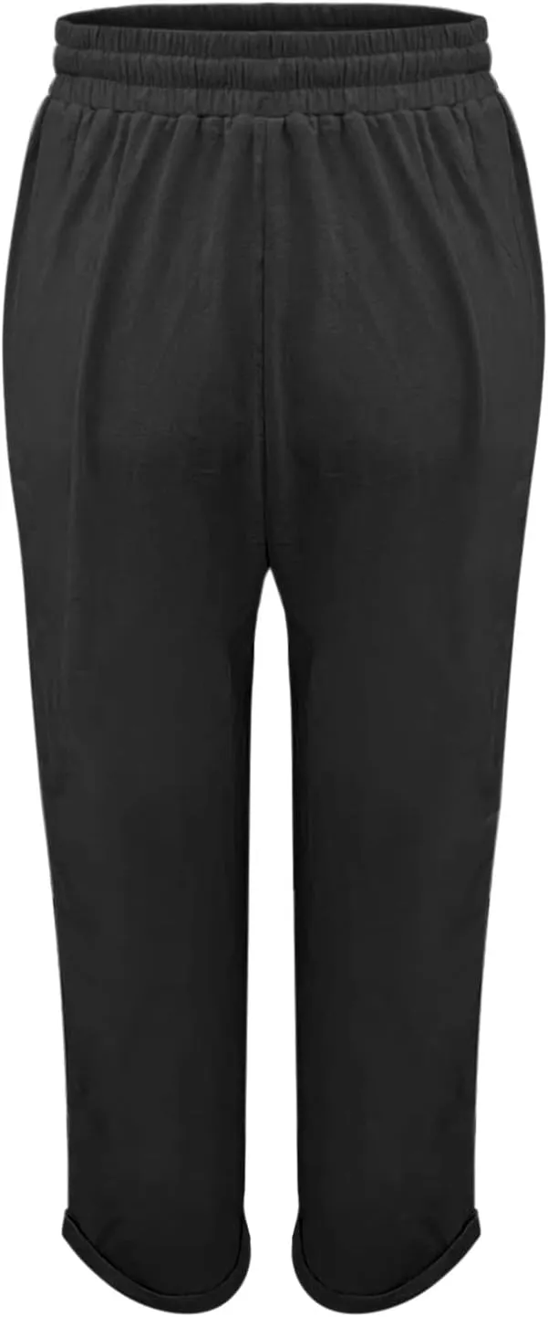 Miyaomn Women's Stylish Linen Straight Leg Pants Drawstring Elastic Waist Casual Joggers Folded Bottom Lounge Trousers Slacks