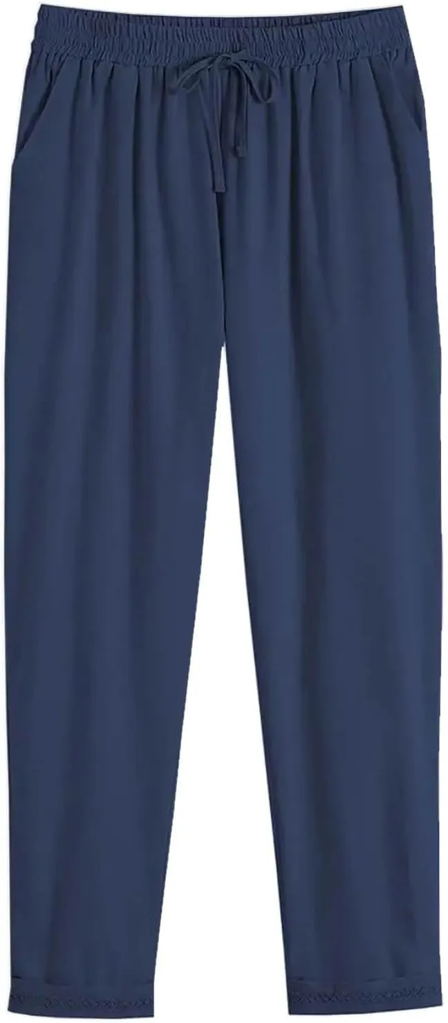 Miyaomn Women's Stylish Linen Straight Leg Pants Drawstring Elastic Waist Casual Joggers Folded Bottom Lounge Trousers Slacks