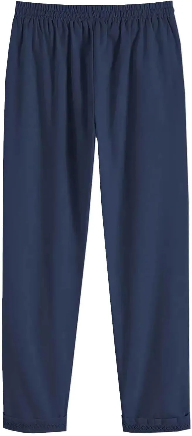 Miyaomn Women's Stylish Linen Straight Leg Pants Drawstring Elastic Waist Casual Joggers Folded Bottom Lounge Trousers Slacks
