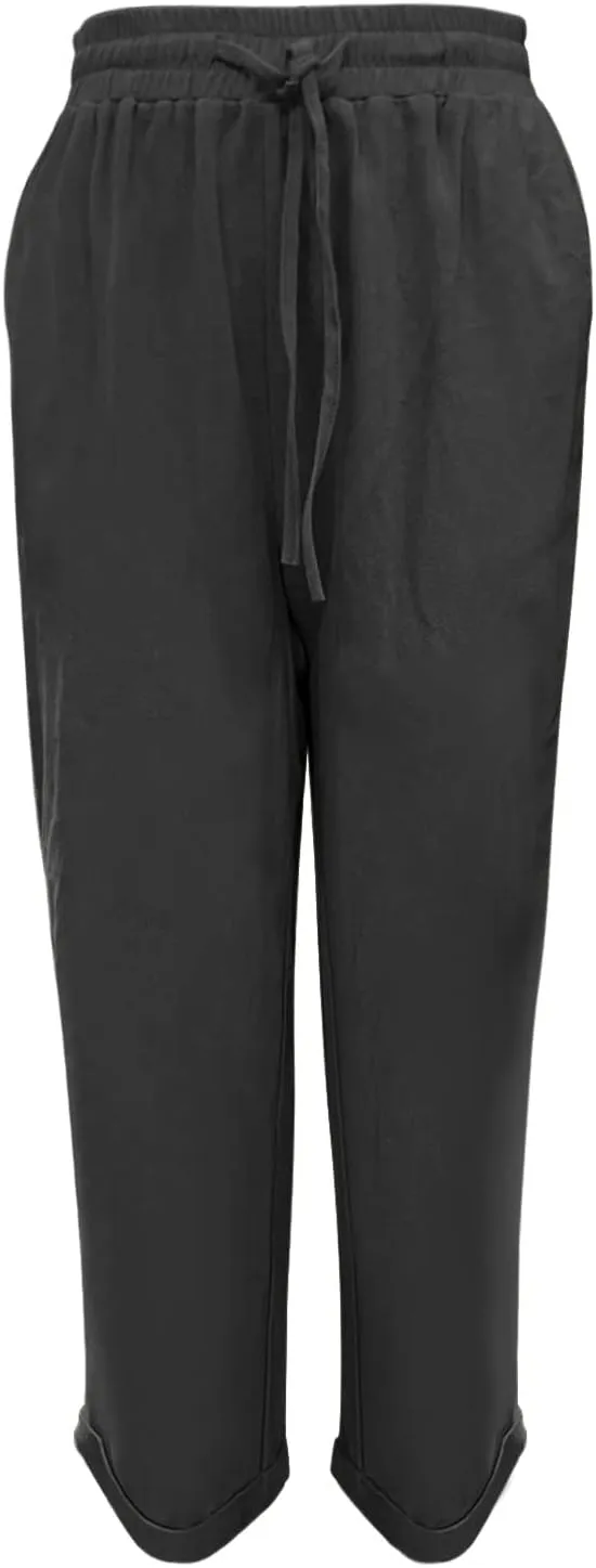 Miyaomn Women's Stylish Linen Straight Leg Pants Drawstring Elastic Waist Casual Joggers Folded Bottom Lounge Trousers Slacks
