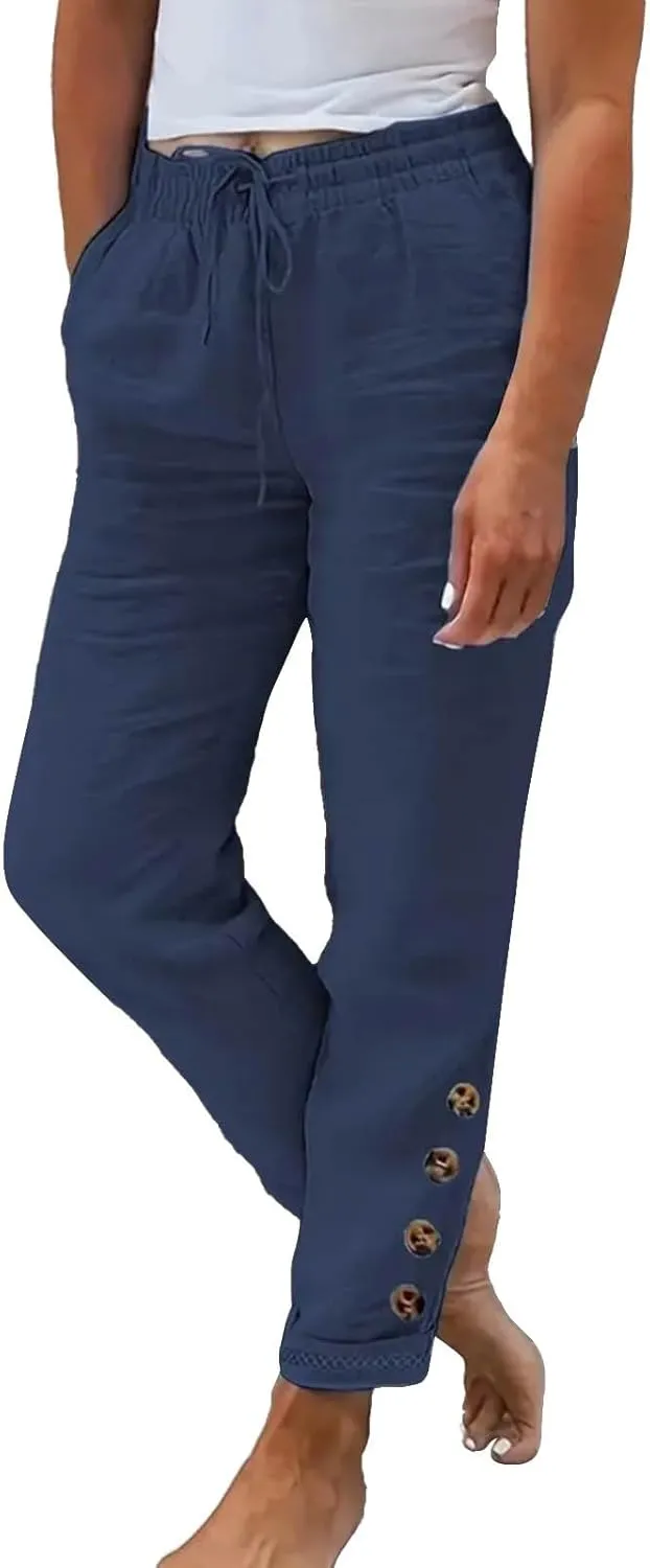 Miyaomn Women's Stylish Linen Straight Leg Pants Drawstring Elastic Waist Casual Joggers Folded Bottom Lounge Trousers Slacks