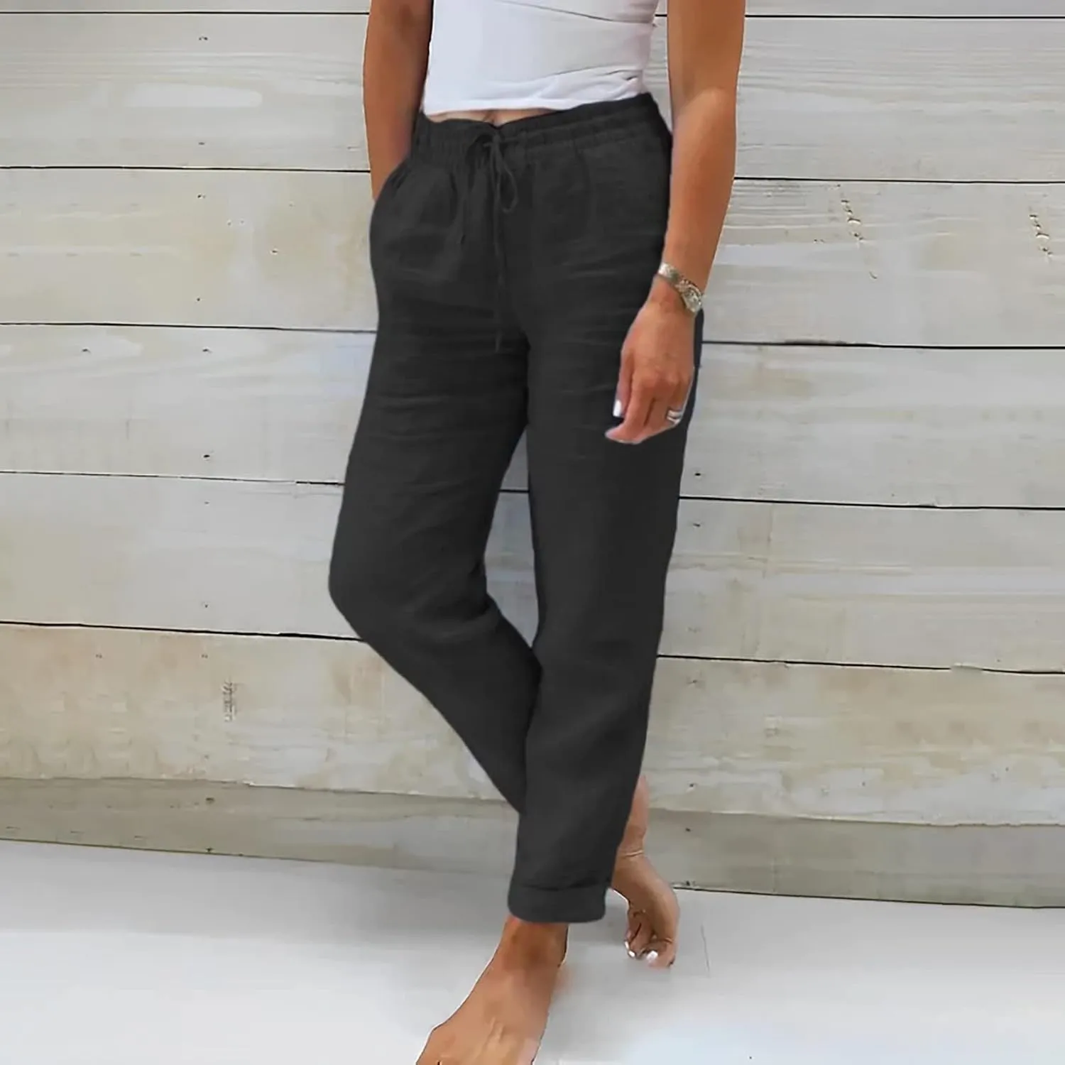 Miyaomn Women's Stylish Linen Straight Leg Pants Drawstring Elastic Waist Casual Joggers Folded Bottom Lounge Trousers Slacks
