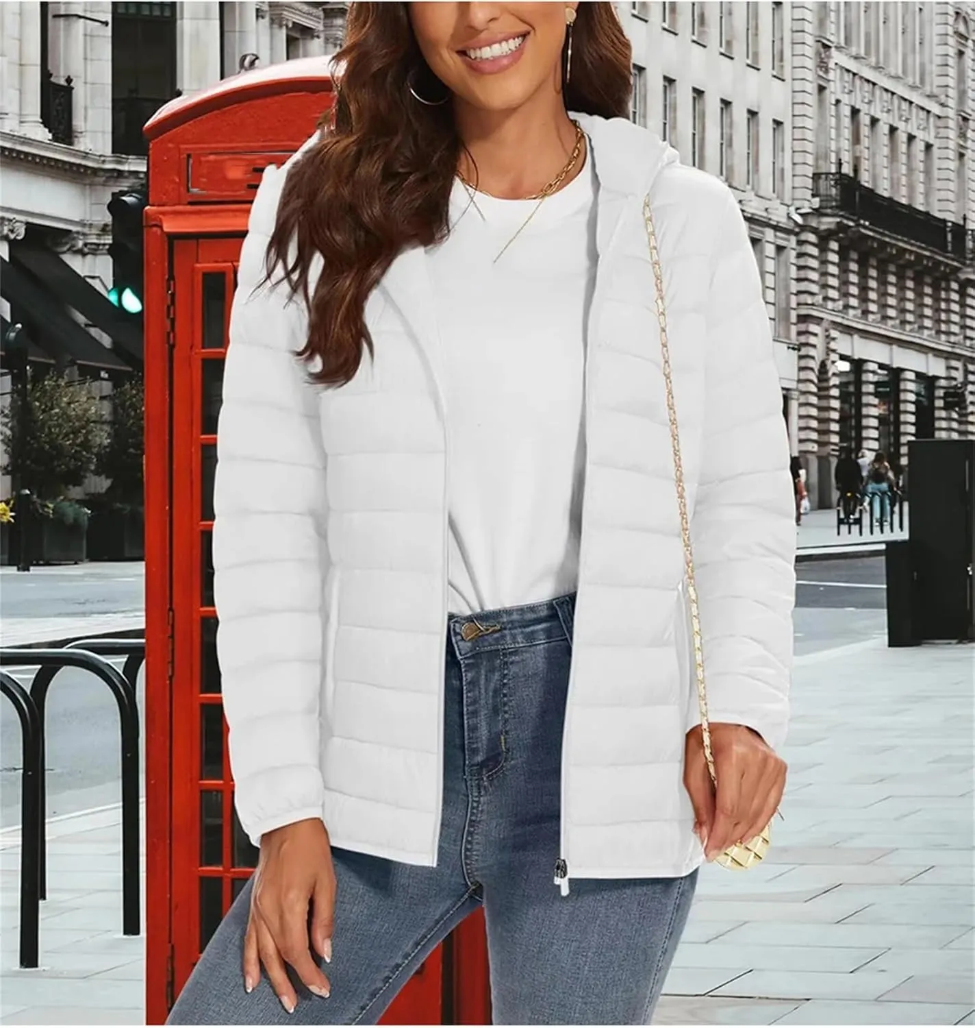 Mnjyihy Women‘S Lightweight Hooded Puffer Jacket Solid Full Zip Quilted Down Coat Winter Windbreaker Outerwear