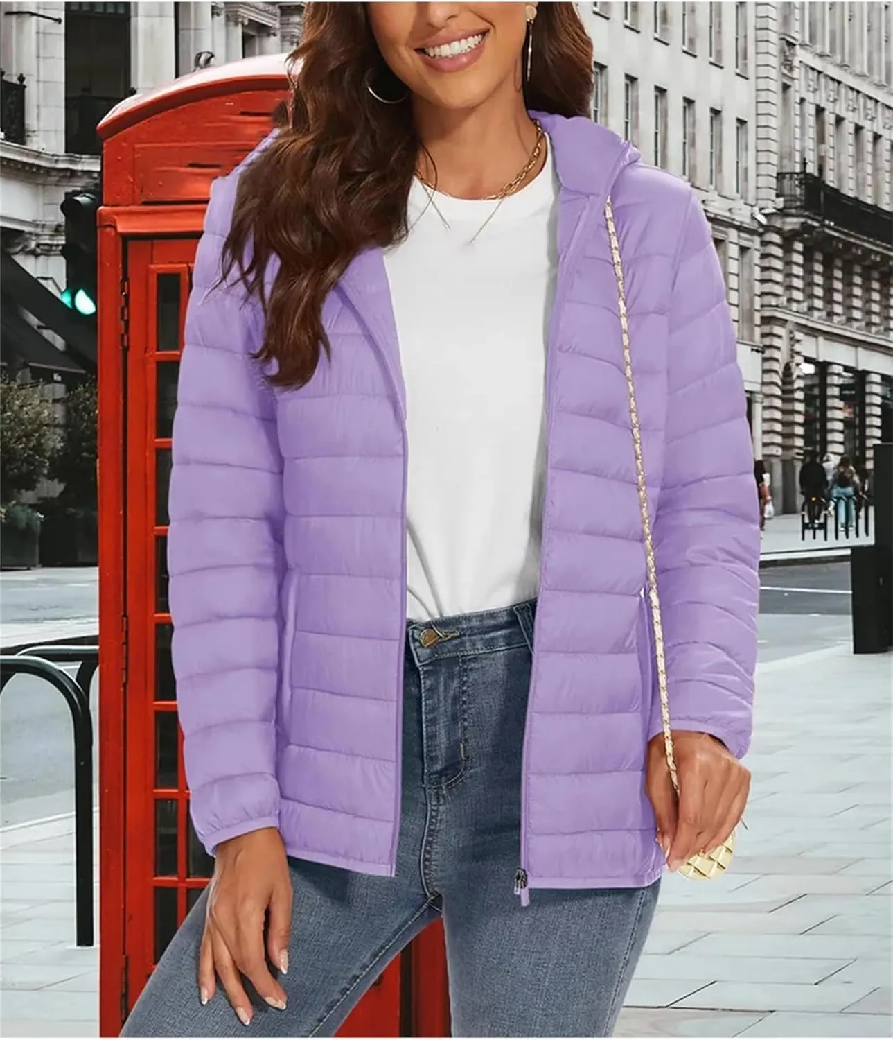 Mnjyihy Women‘S Lightweight Hooded Puffer Jacket Solid Full Zip Quilted Down Coat Winter Windbreaker Outerwear