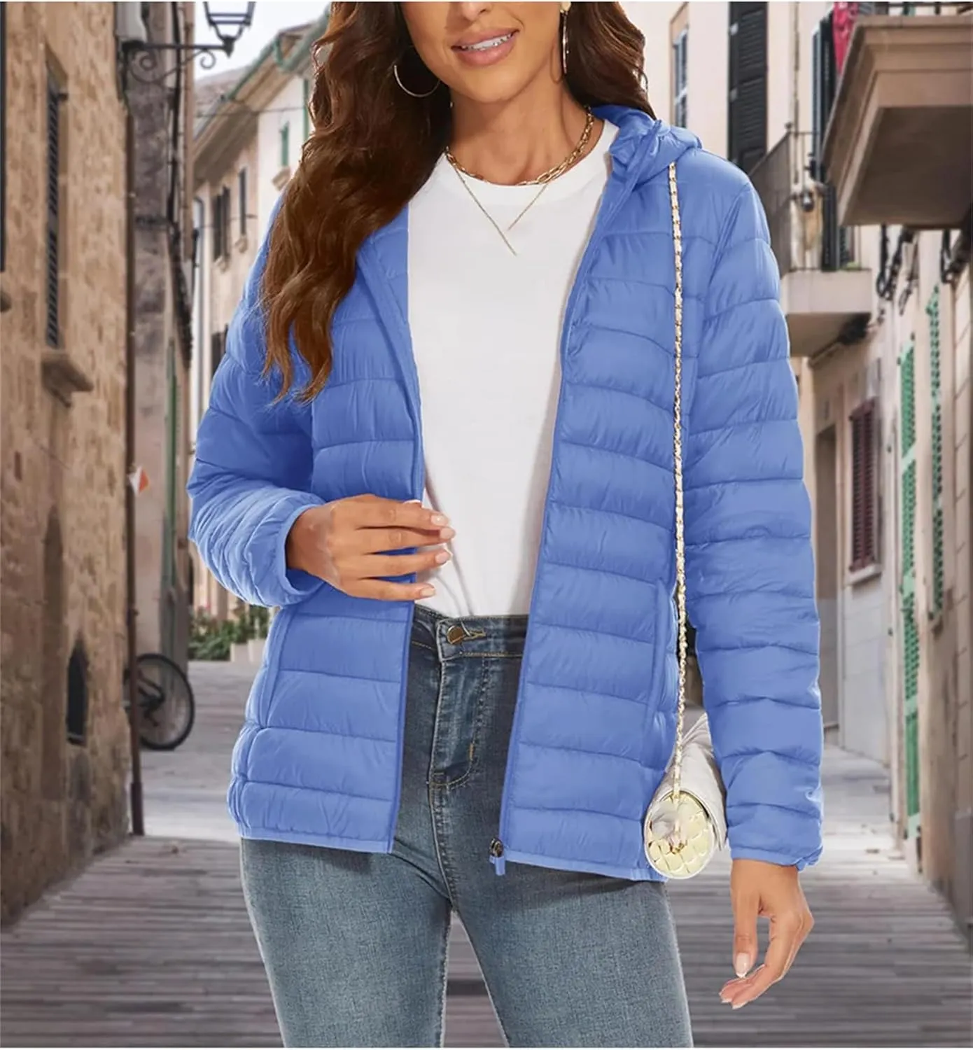 Mnjyihy Women‘S Lightweight Hooded Puffer Jacket Solid Full Zip Quilted Down Coat Winter Windbreaker Outerwear