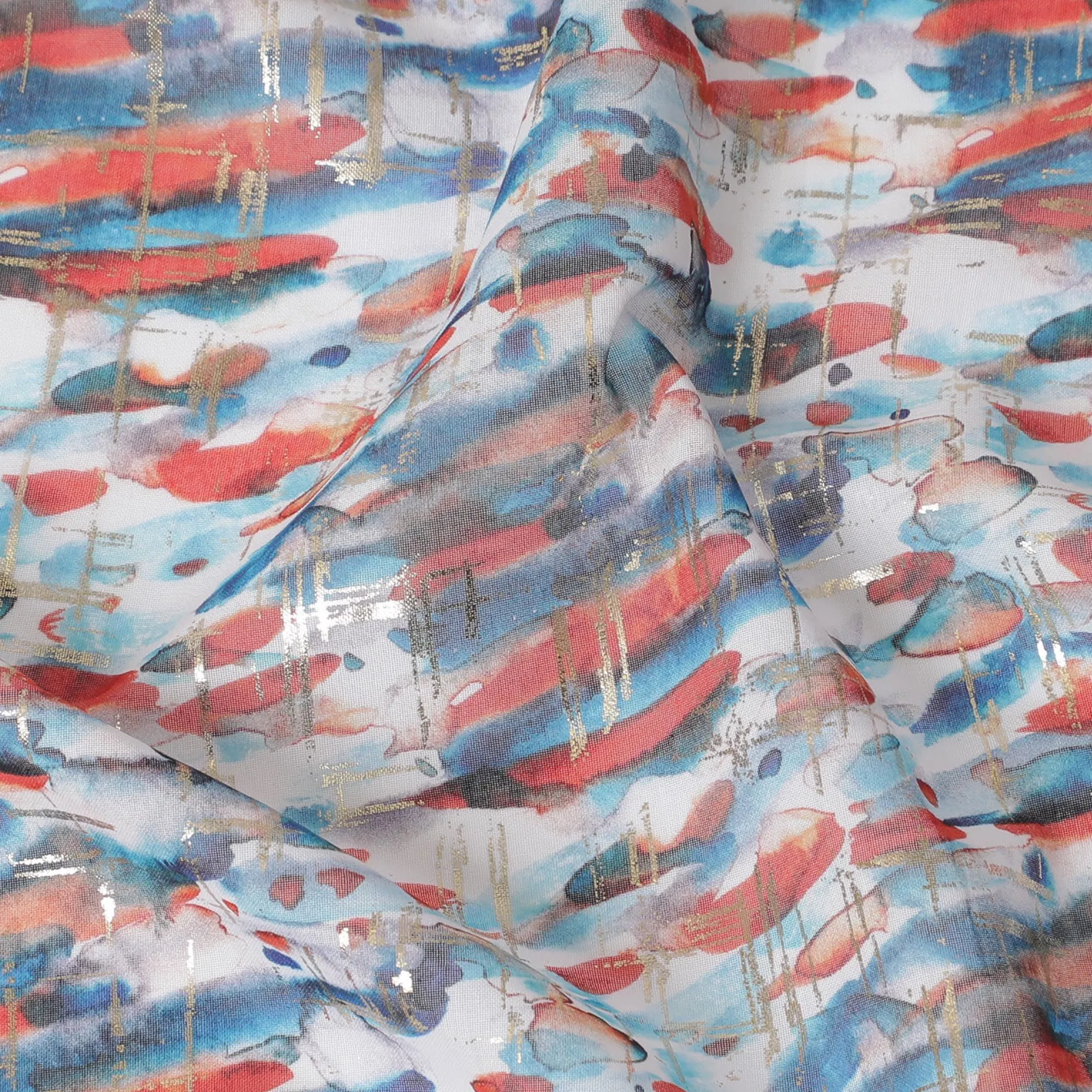 Multicolor pure cotton voile fabric with gold foil print in abstract design-D16555