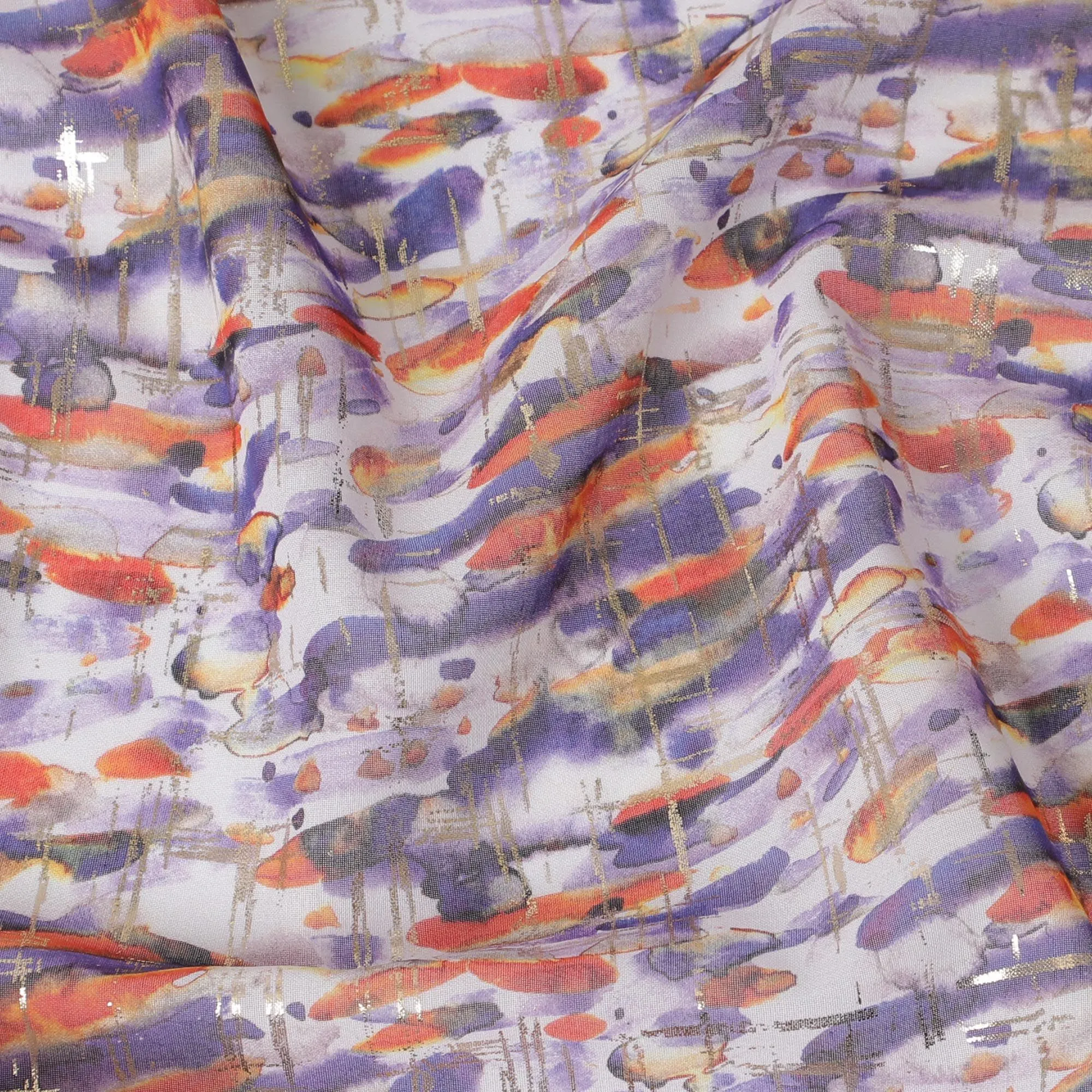 Multicolor pure cotton voile fabric with gold foil print in abstract design-D16557